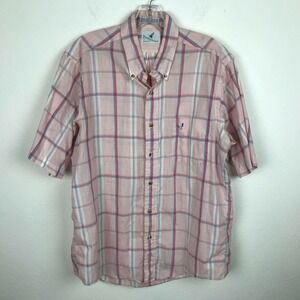 Mens Flying Scotsman Shirt Size L Button Front Pink Purple Plaid Short Sleeve
